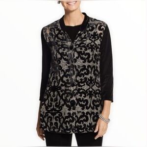 Chico’s Patchwork Velvet Jacket Black Swirling Burnout Print Size 2 Large